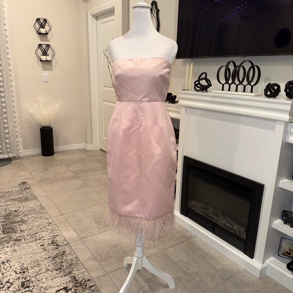NWT Strapless Satin Sheath Dress with Feather Hem in Blush Pink Size 4